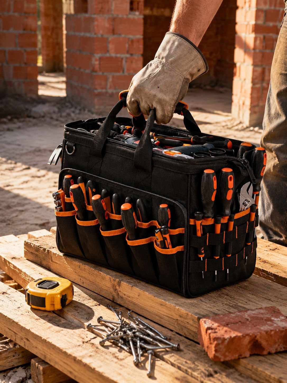 Front view of a 17-inch heavy-duty electrician bag with wide-mouth design