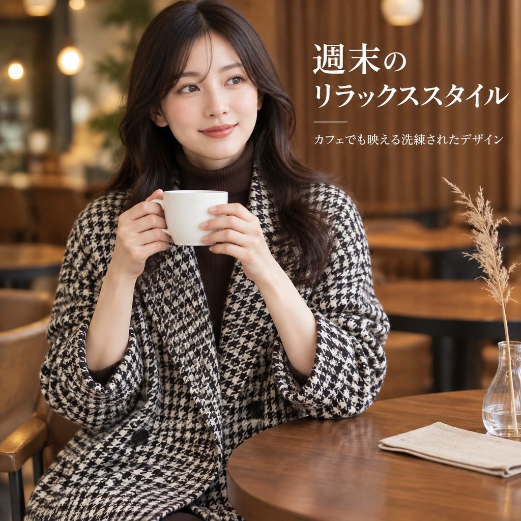 レディース チェスターコート 千鳥格子 テーラード ウール混 ミドル丈 ゆったり 秋冬 アウター