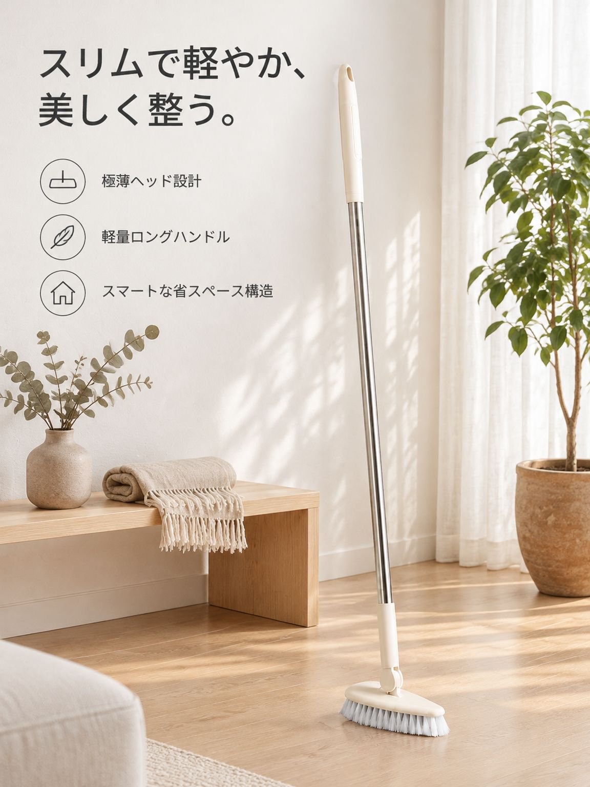 家庭用ロングモップ 壁掛け収納で省スペース、すき間や汚れも簡単お掃除