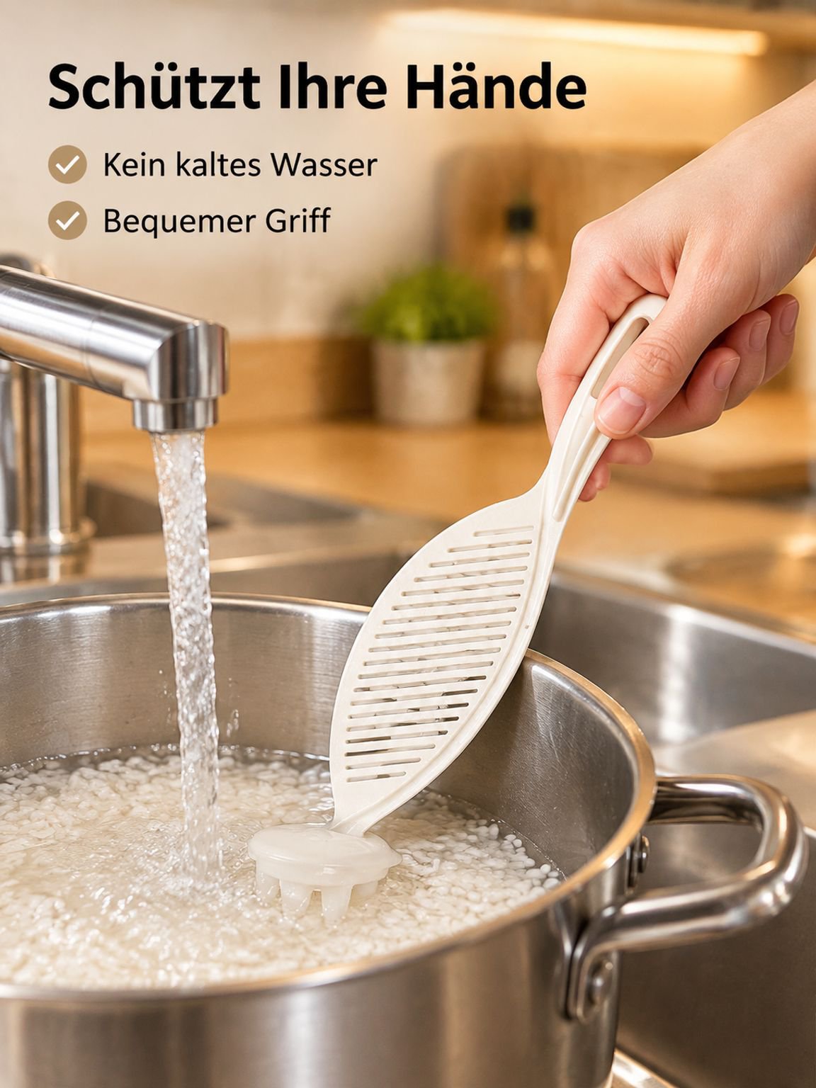 Kälteschutz-Reiswaschhilfe: Spritzschutz für schnelles Abspülen und Abgießen