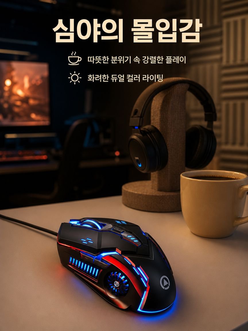 다채로운 RGB 조명이 적용된 기계식 마우스 전면 사진