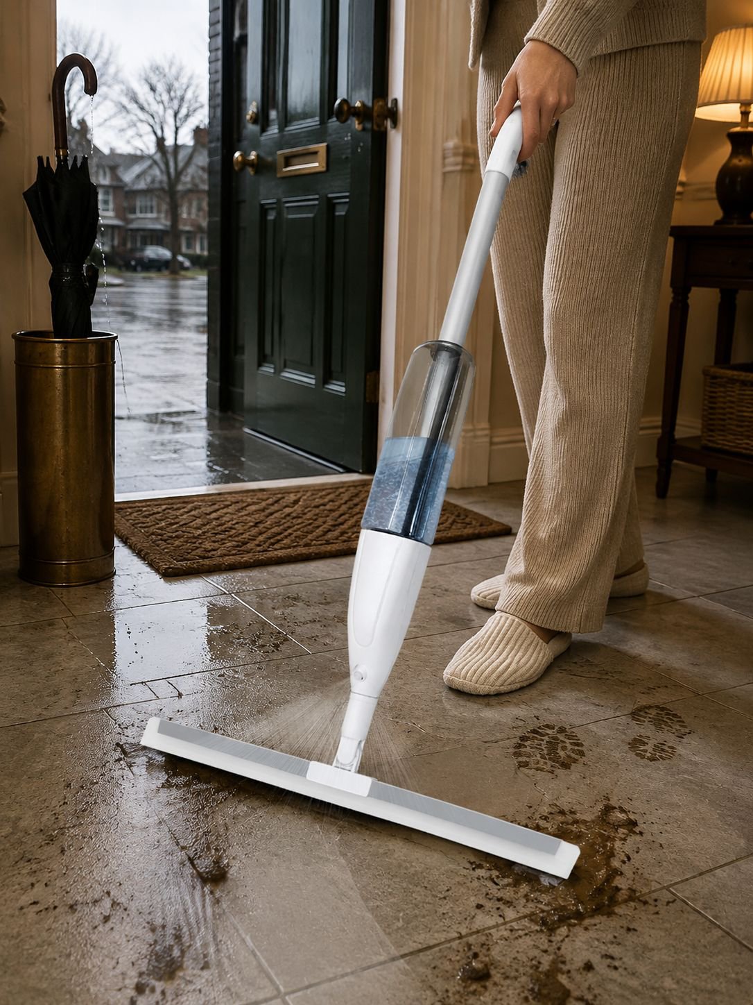 All-in-one spray broom and squeegee for floors