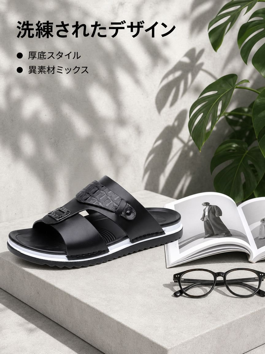 メンズ厚底パッチワークワイドサンダル
