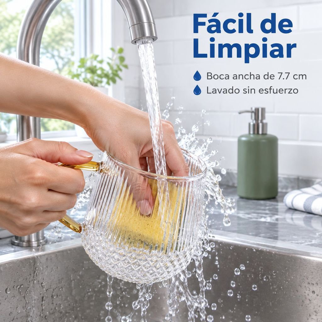 Vaso de vidrio de borosilicato de alta calidad con asa y rayas verticales