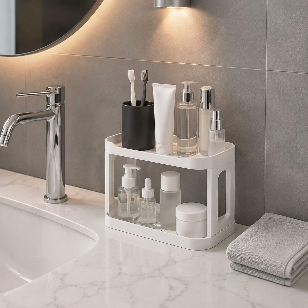 Space-saving bathroom storage shelf on countertop