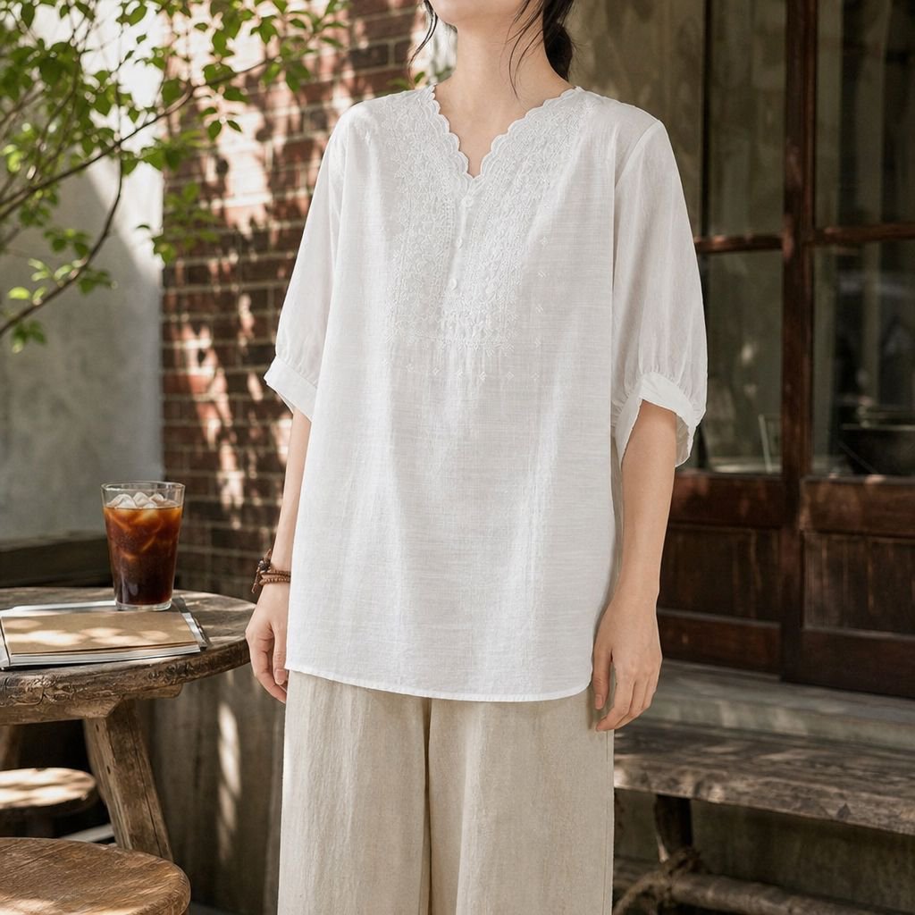 여름 여성 빈티지 루즈핏 브이넥 티셔츠 빅사이즈