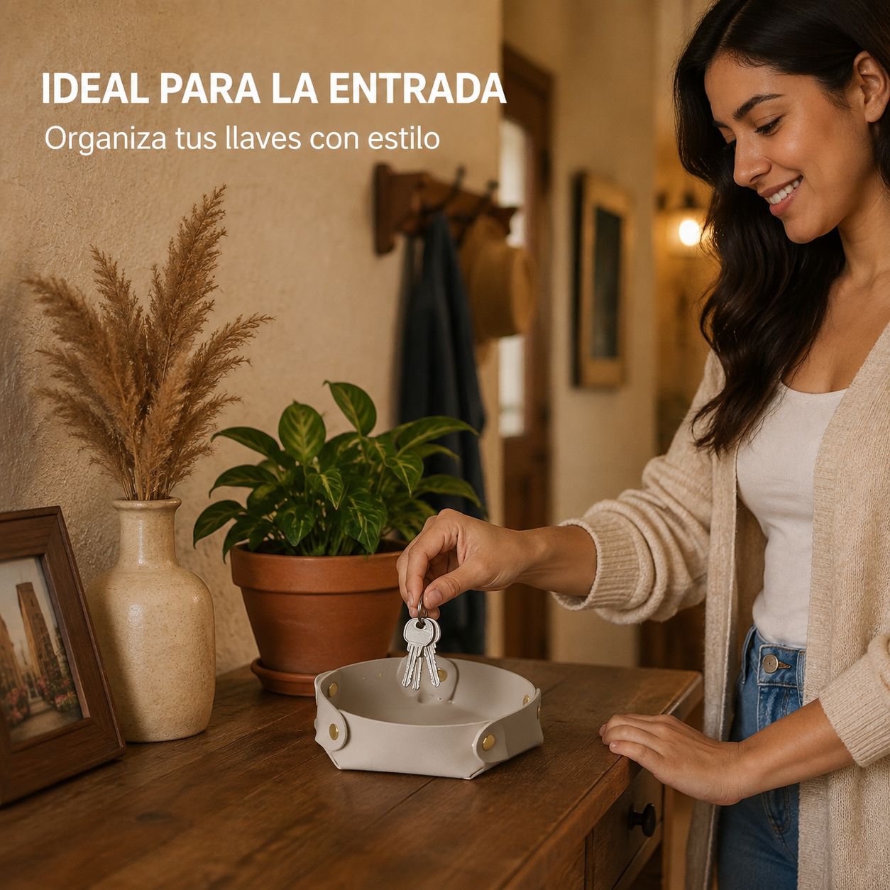 Caja de almacenamiento redonda de cuero para la entrada.