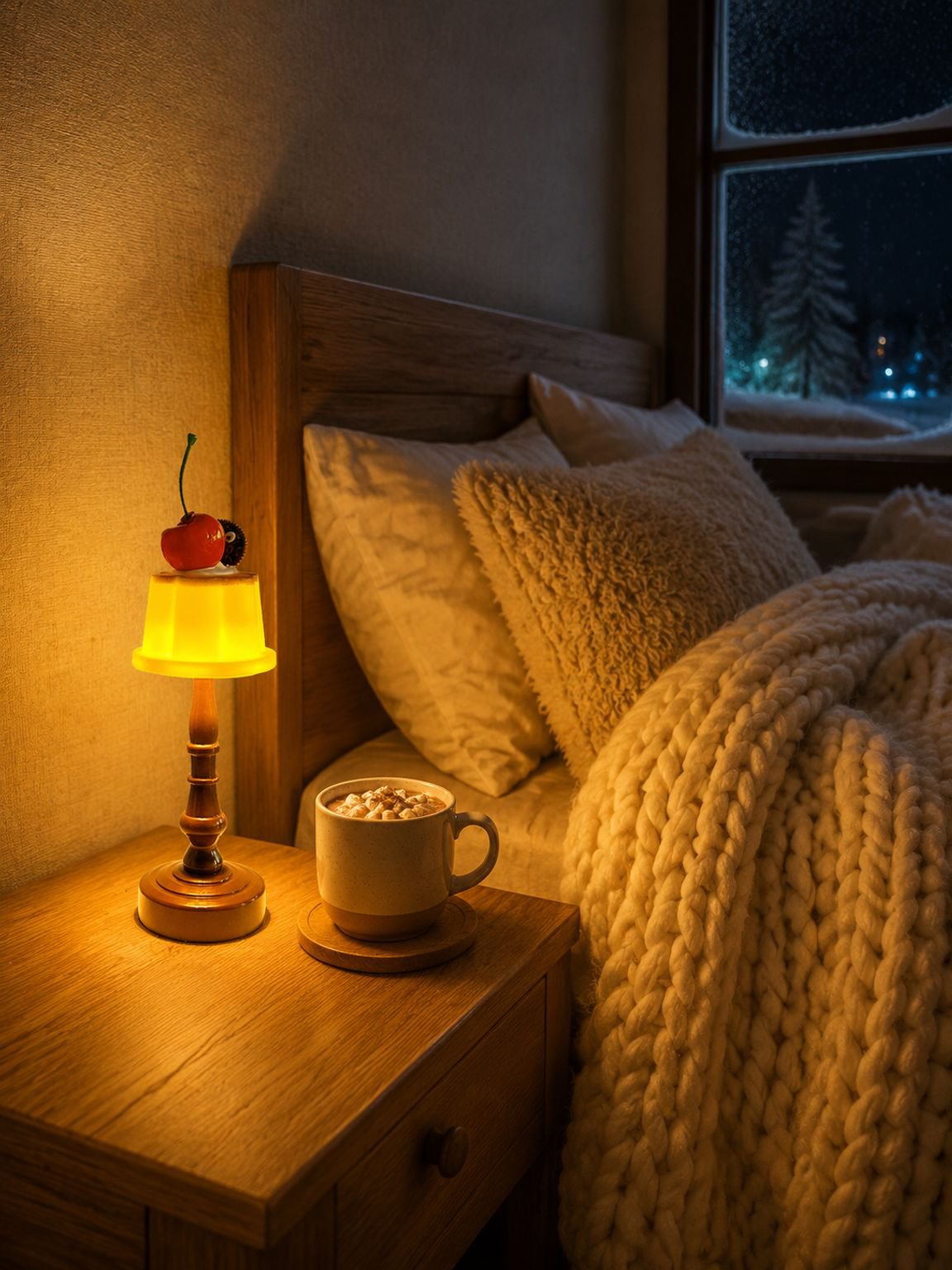 Modern bedside ambient light lamp on nightstand creating a cozy bedroom atmosphere
