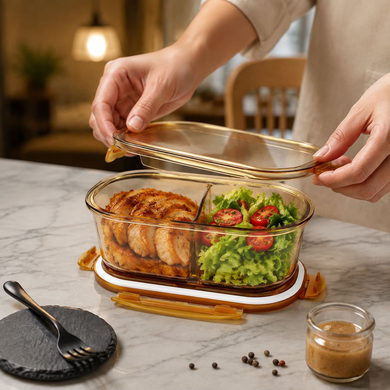 X23033101FA-[Must-have für den Fettabbau] Bernsteinfarbene, hochhitzebeständige Lunchbox mit hohem B