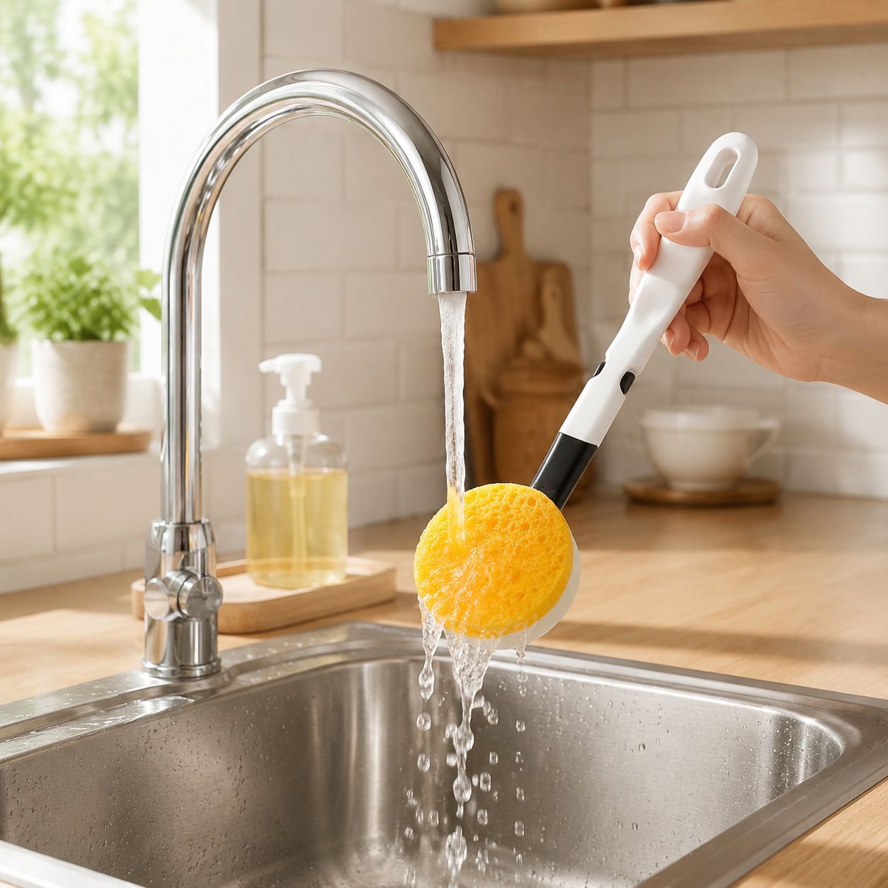 Uso del cepillo para limpiar ollas y utensilios de cocina