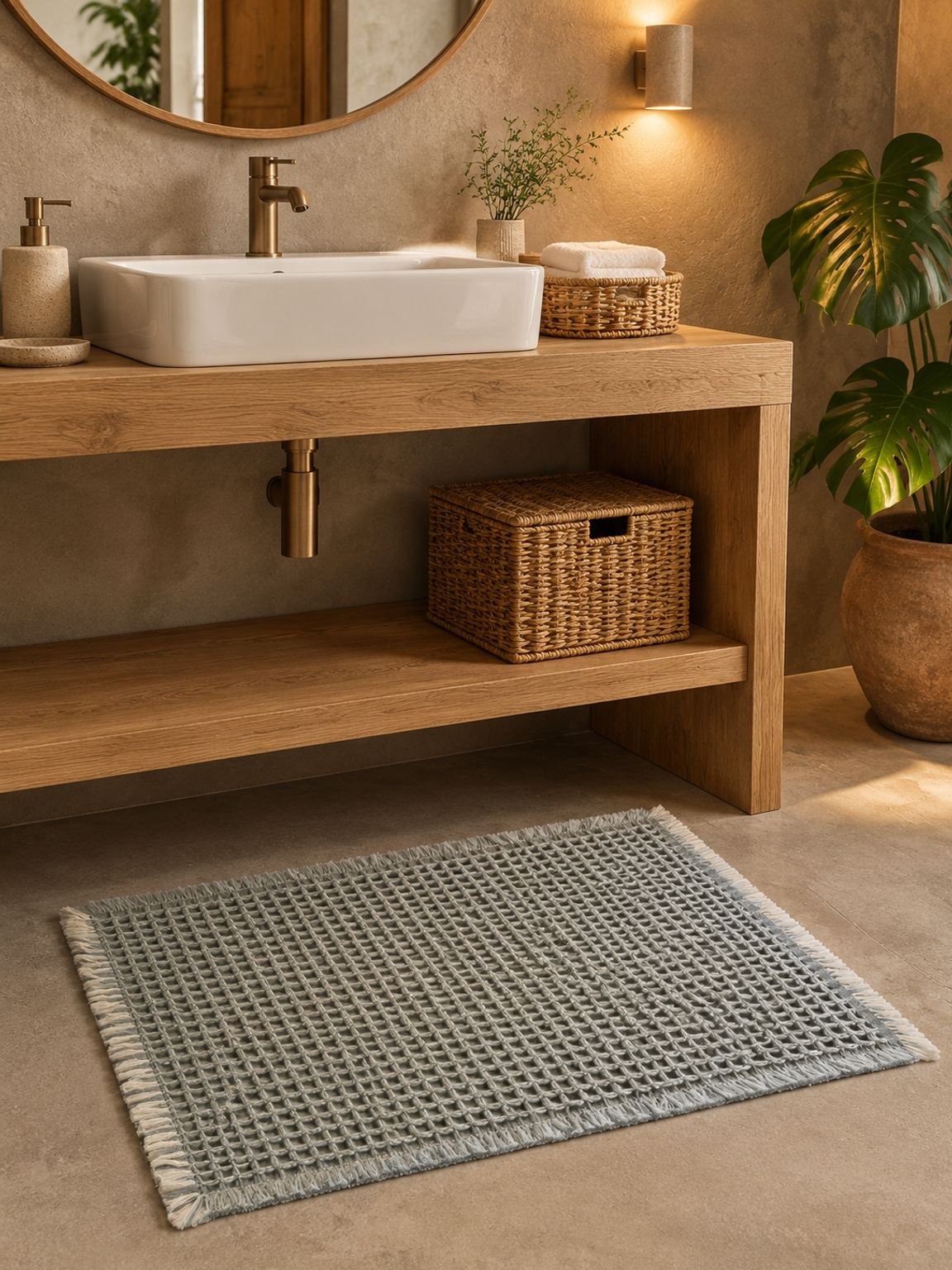 Alfombra para baño absorbiendo agua después de la ducha