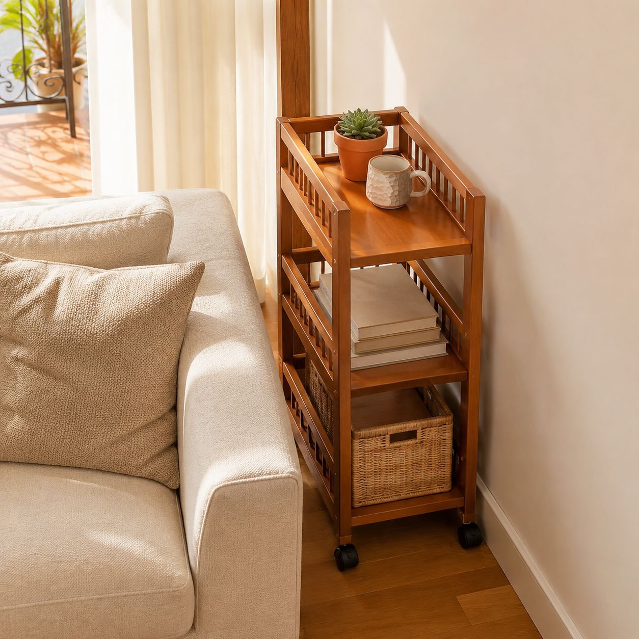 Carrito multifuncional de madera maciza con ruedas para té y refrigerios