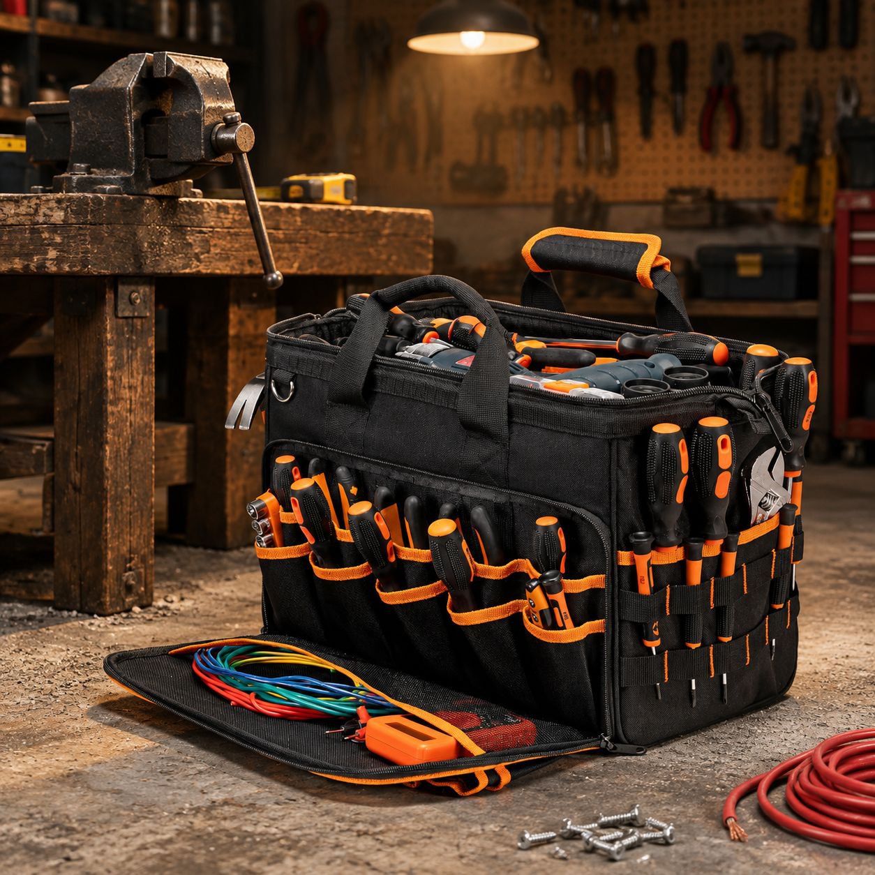 17-inch Heavy Duty Electrician Bag for Men, Foldable Wide-Mouth Storage Bag with Adjustable Shoulder