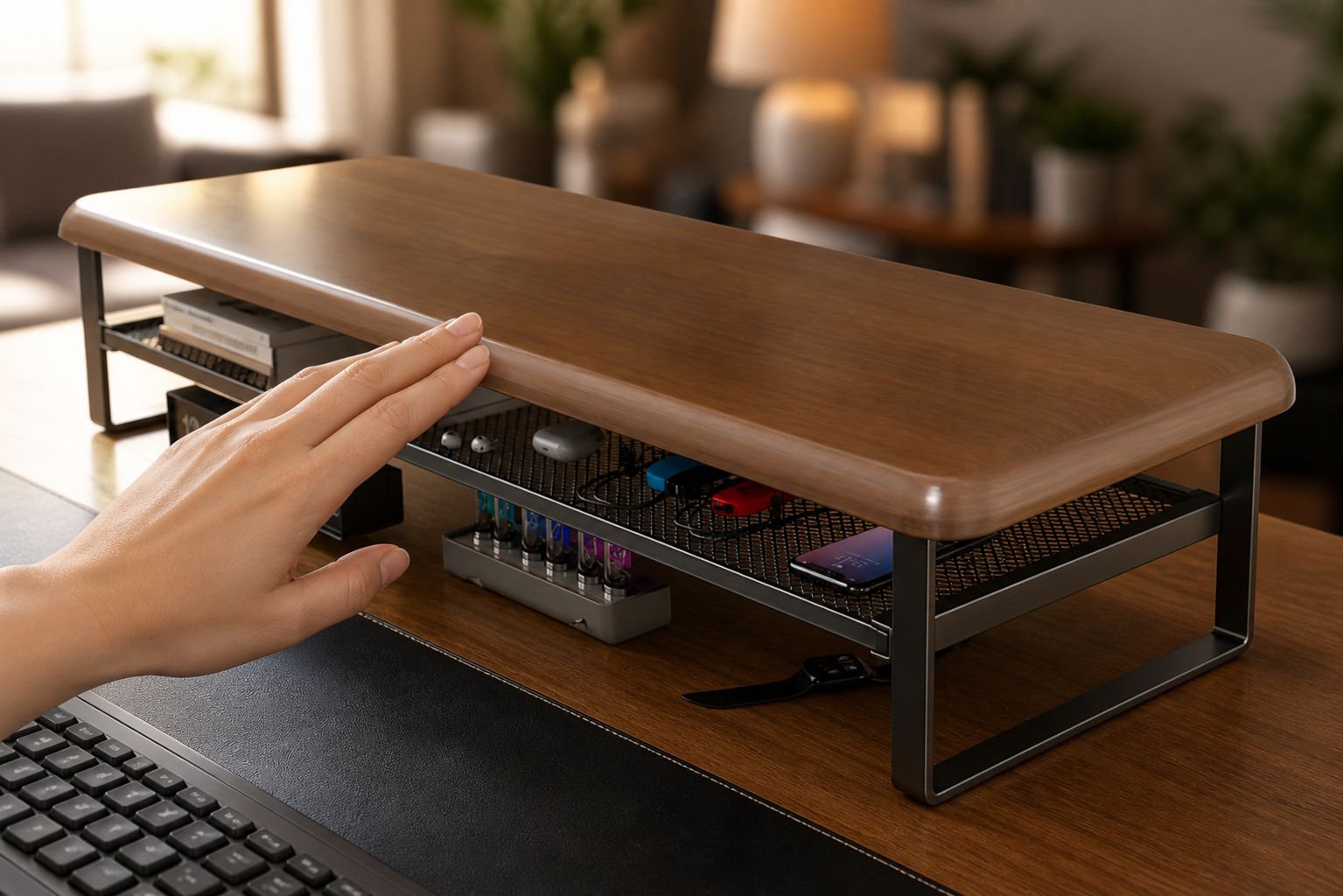 Adjustable Monitor Riser with Sliding Storage Drawer