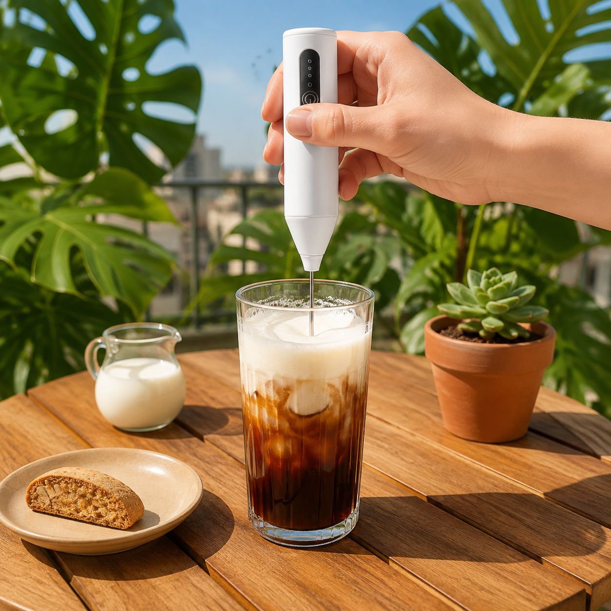 Wireless milk frother next to a cup of cappuccino