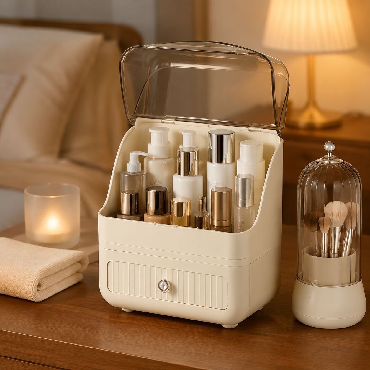 Kosmetik-Organizer im Creme-Stil, großes Fassungsvermögen, staubdicht