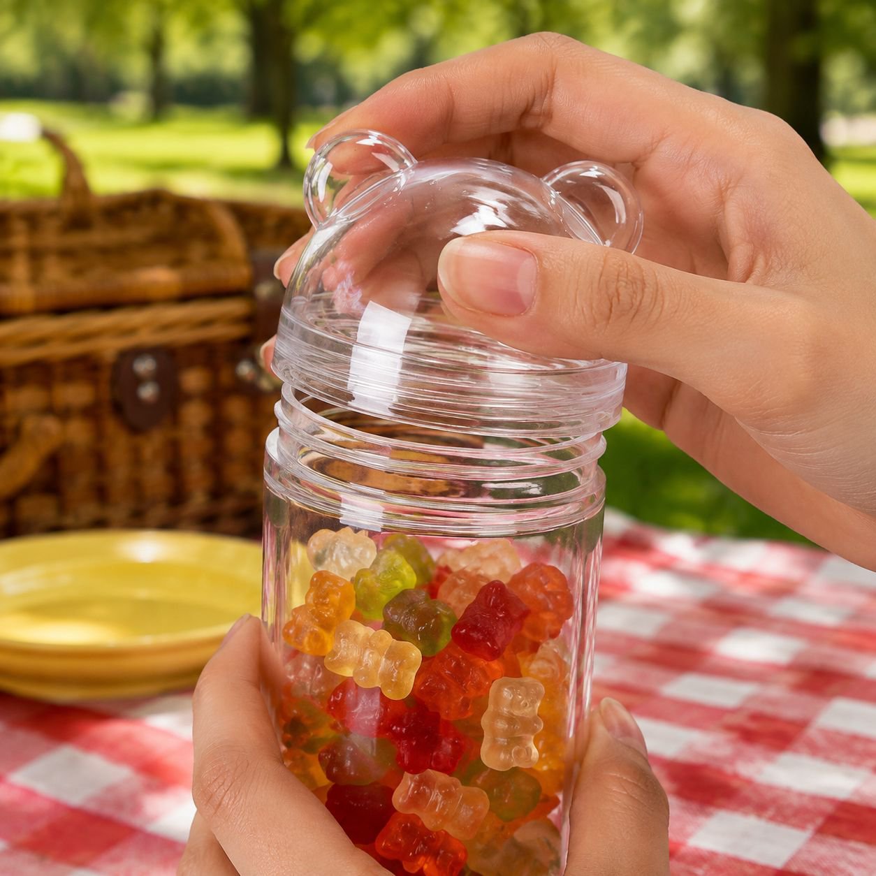 Clear plastic bottle with wide mouth opening