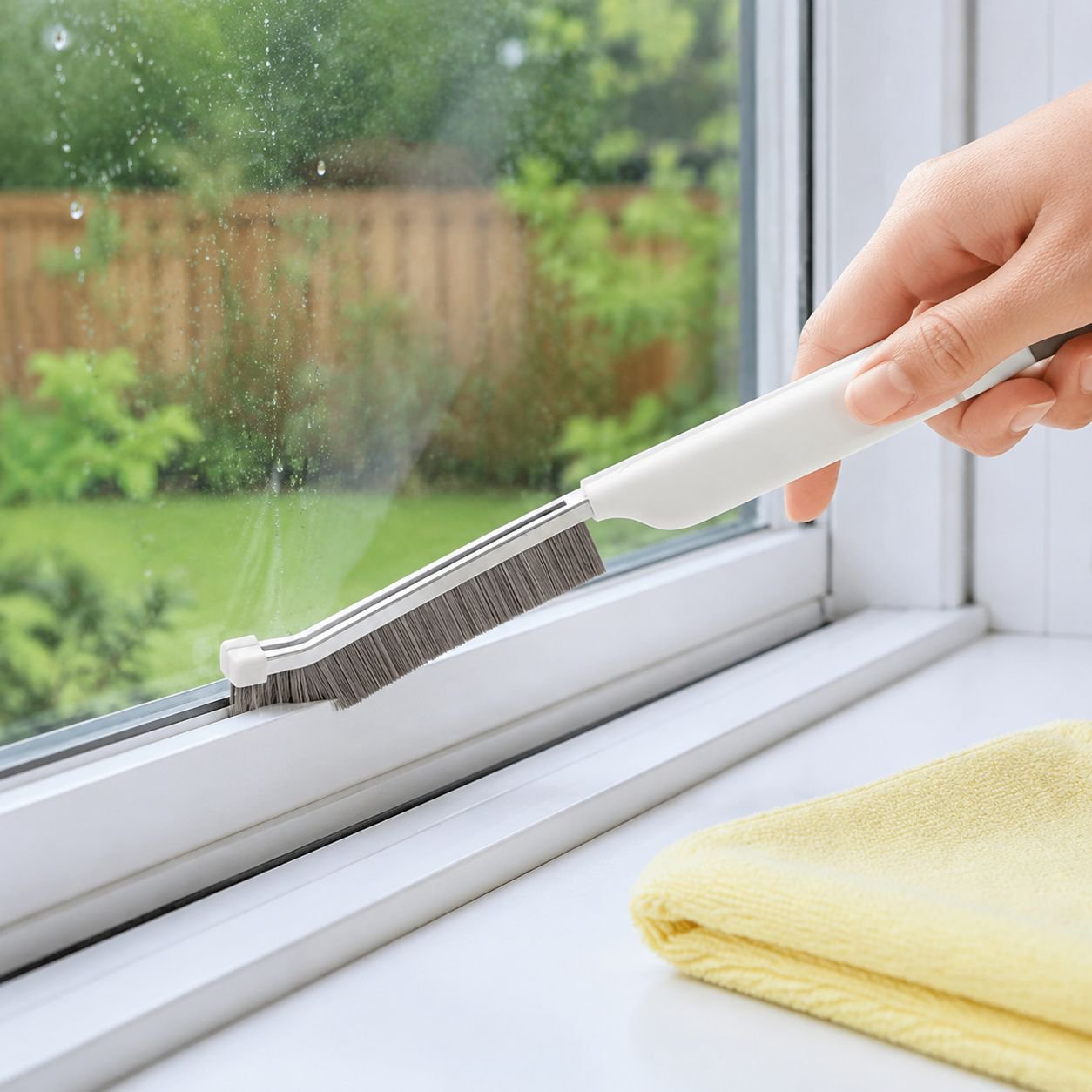 Multi-use household cleaning brush scrubbing a sink