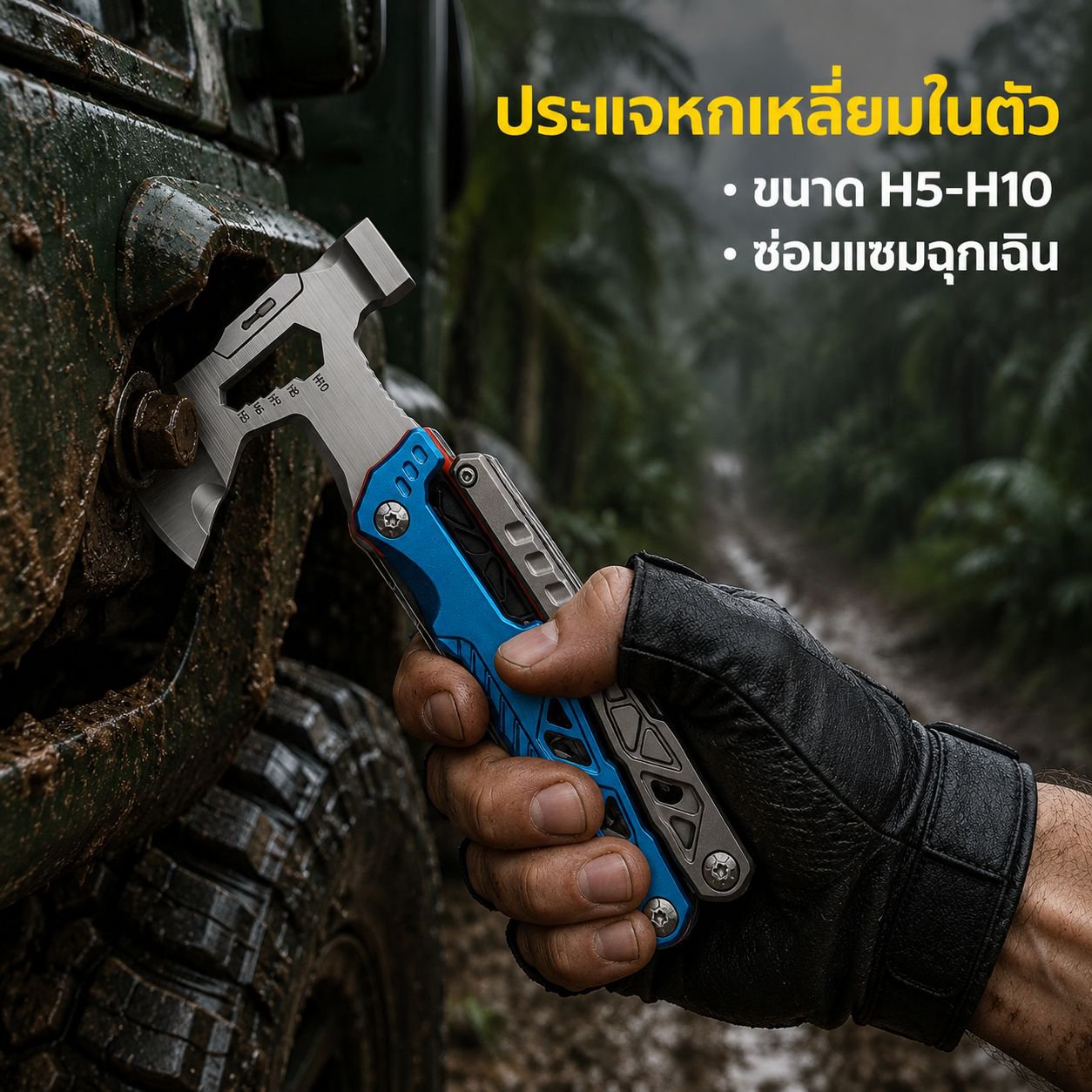 ขวานยุทธวิธีสารพัดประโยชน์ ค้อนนิรภัยในรถยนต์ เครื่องมือผจญภัยกลางแจ้ง