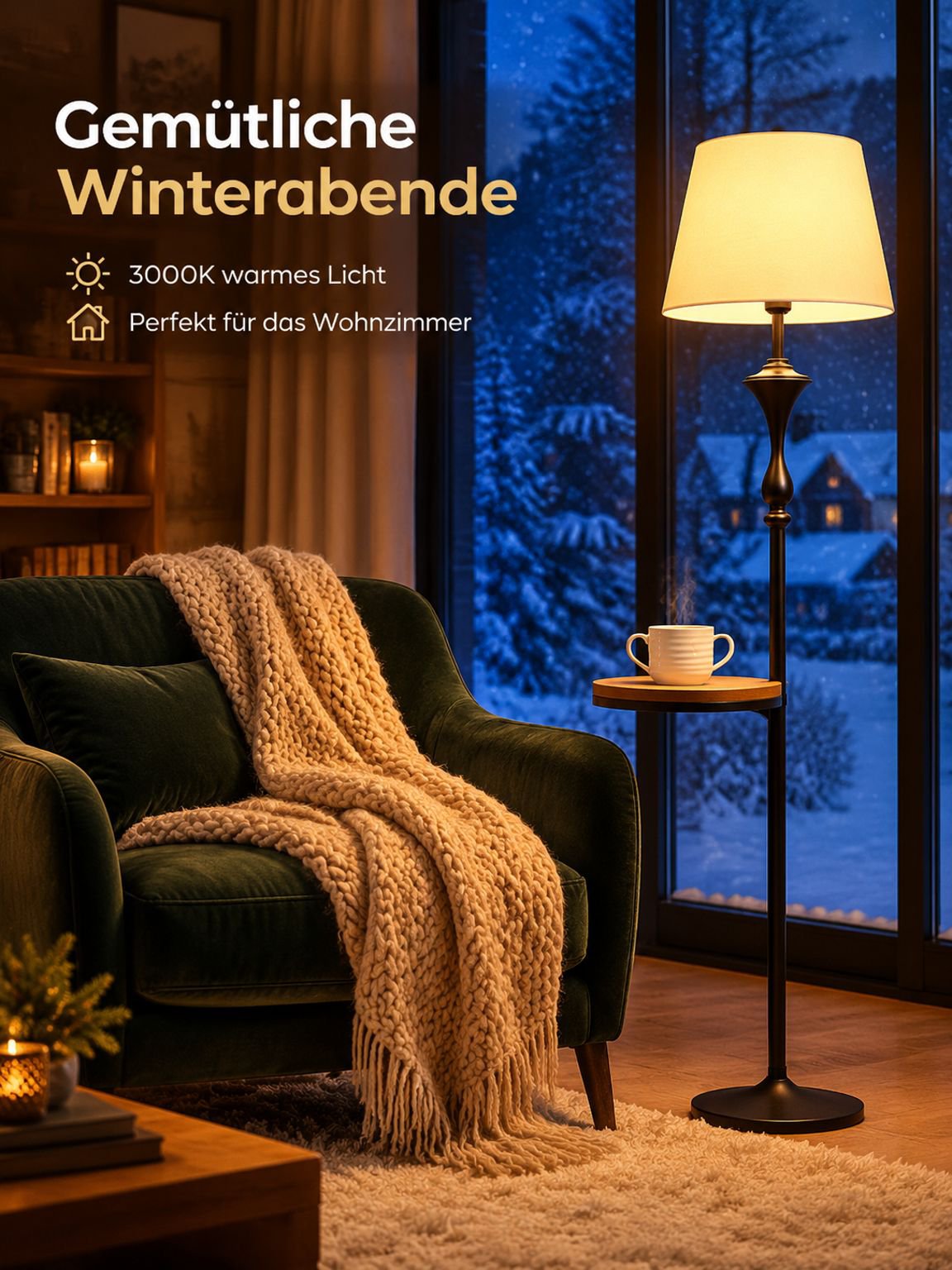 Amerikanische Retro-Stehlampe mit Beistelltisch im Wohnzimmer