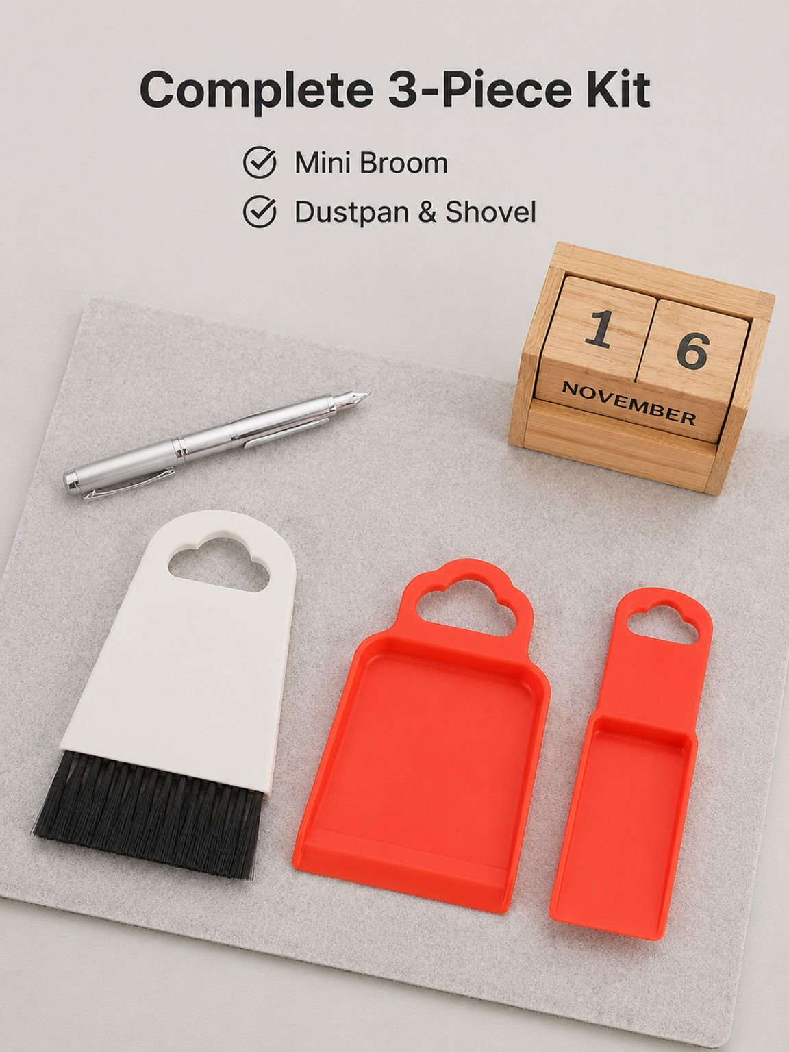 Desktop mini cleaning tool set, includes small broom, dustpan, and cleaning shovel