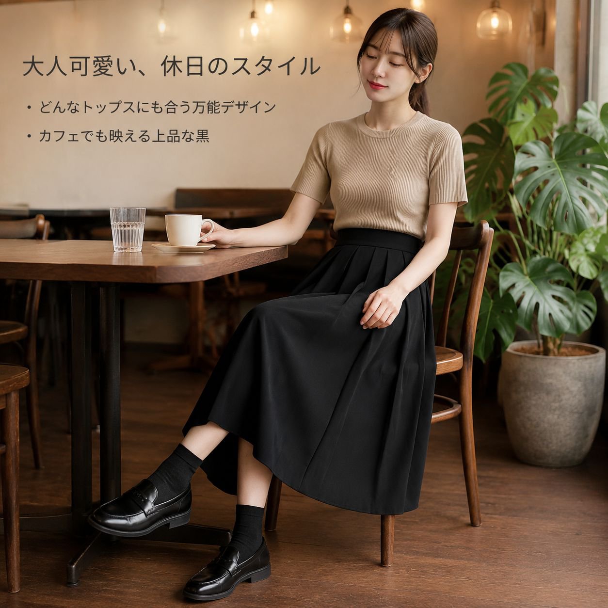 夏・ハイウエスト 小柄さん向けプリーツAラインスカート 黒 ミディ丈
