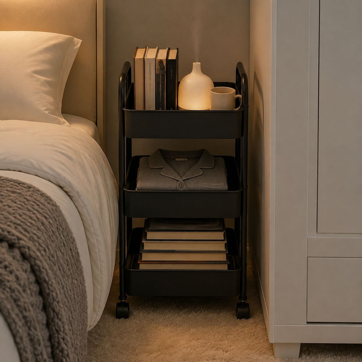Foldable trolley rack for bedroom organization