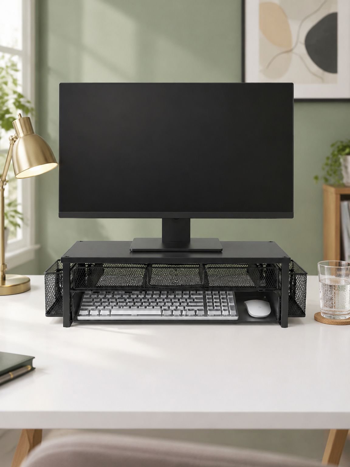Two-Tier Desktop Monitor Stand with Drawer
