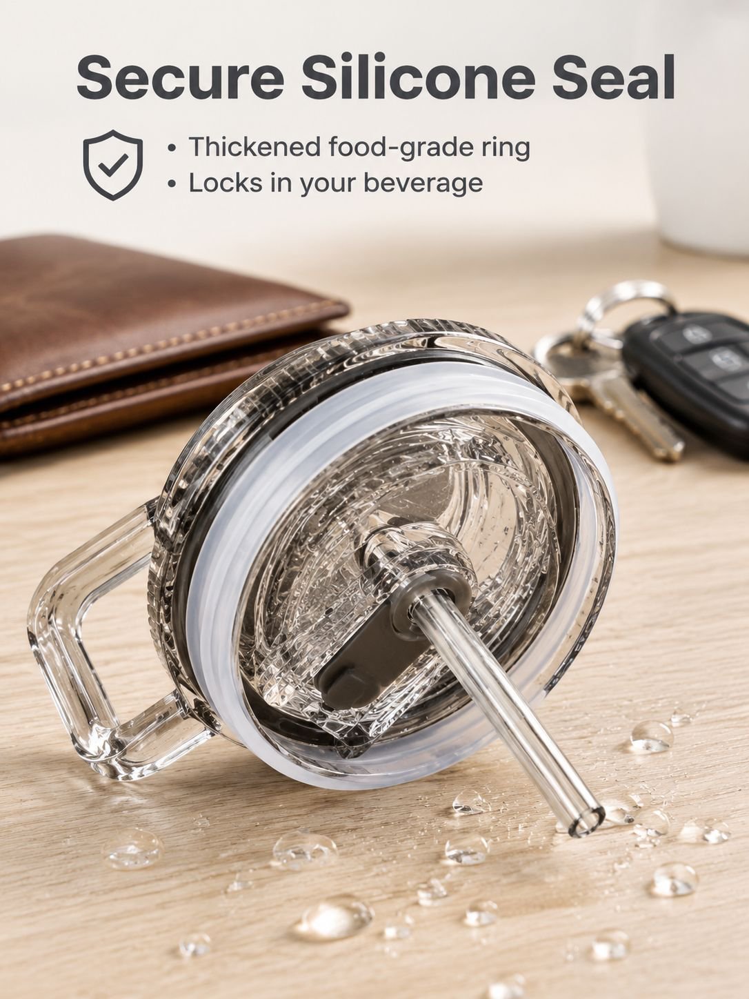 Close-up of the sturdy handle on a large portable glass cup