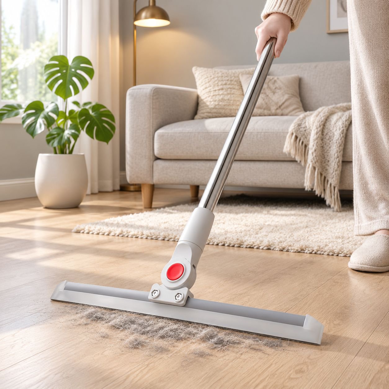 Multipurpose squeegee wiping water from tiled surface