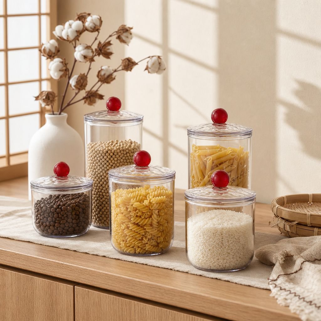 麺類、穀物、スナック菓子、乾燥食品、コーヒー豆などを保存できる、食品グレードの密閉式キッチン保存容器。