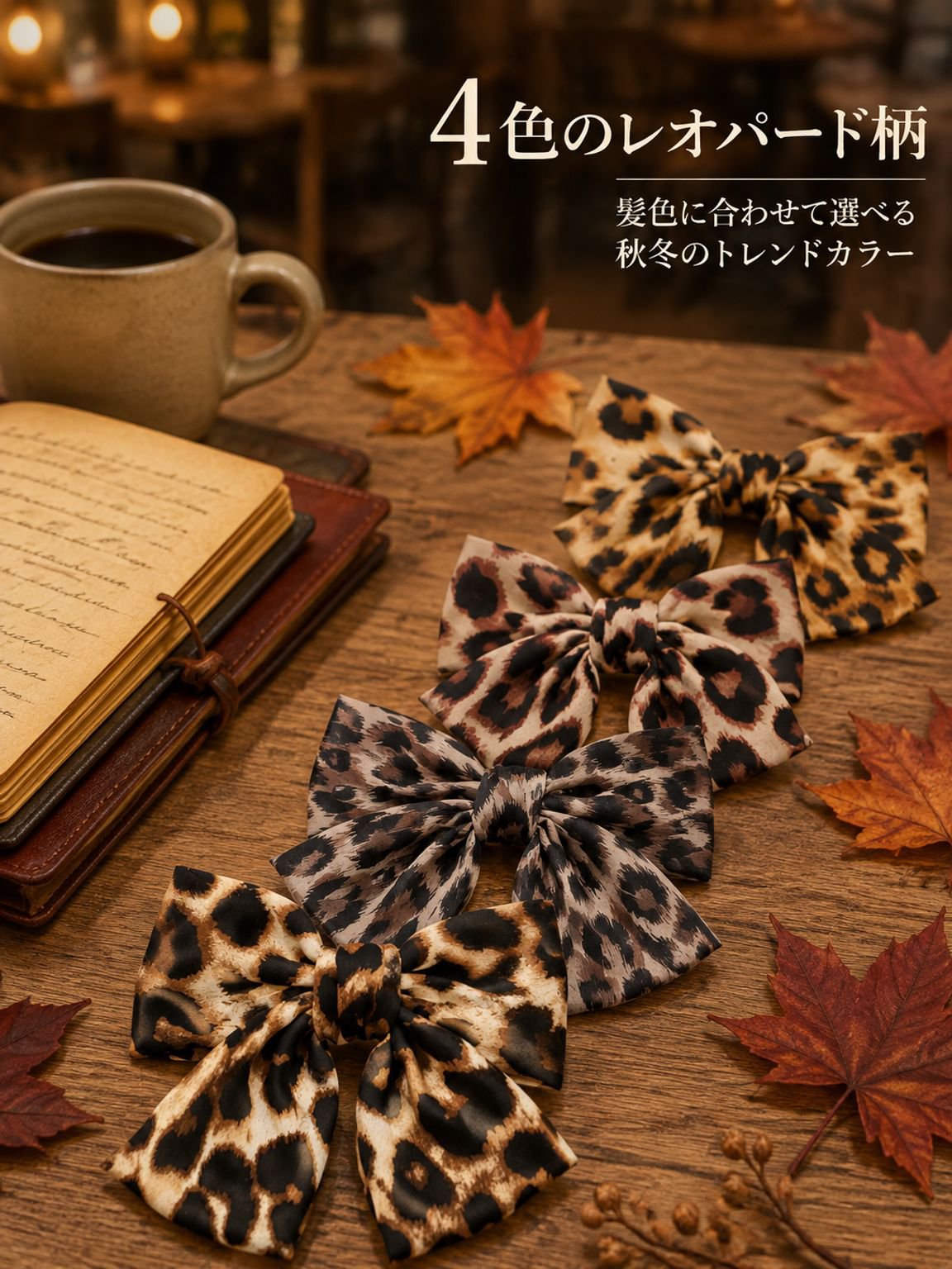 ヒョウ柄のリボンヘアクリップ