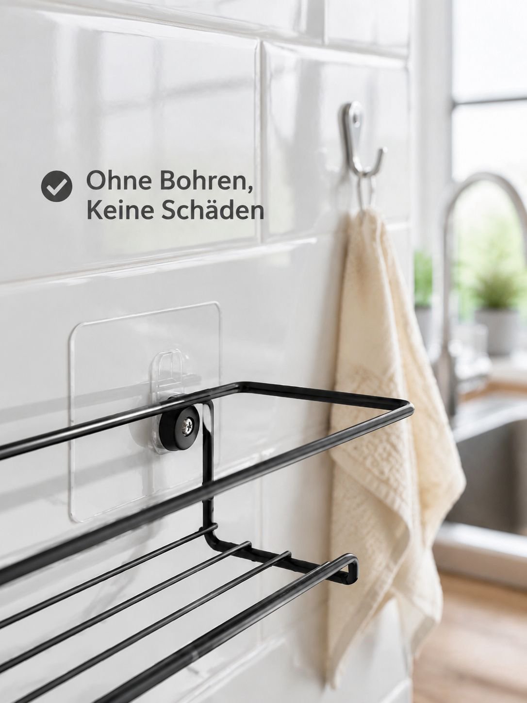 Ein mehrstufiges Küchengewürzregal, das ohne Bohren an der Wand befestigt werden kann.