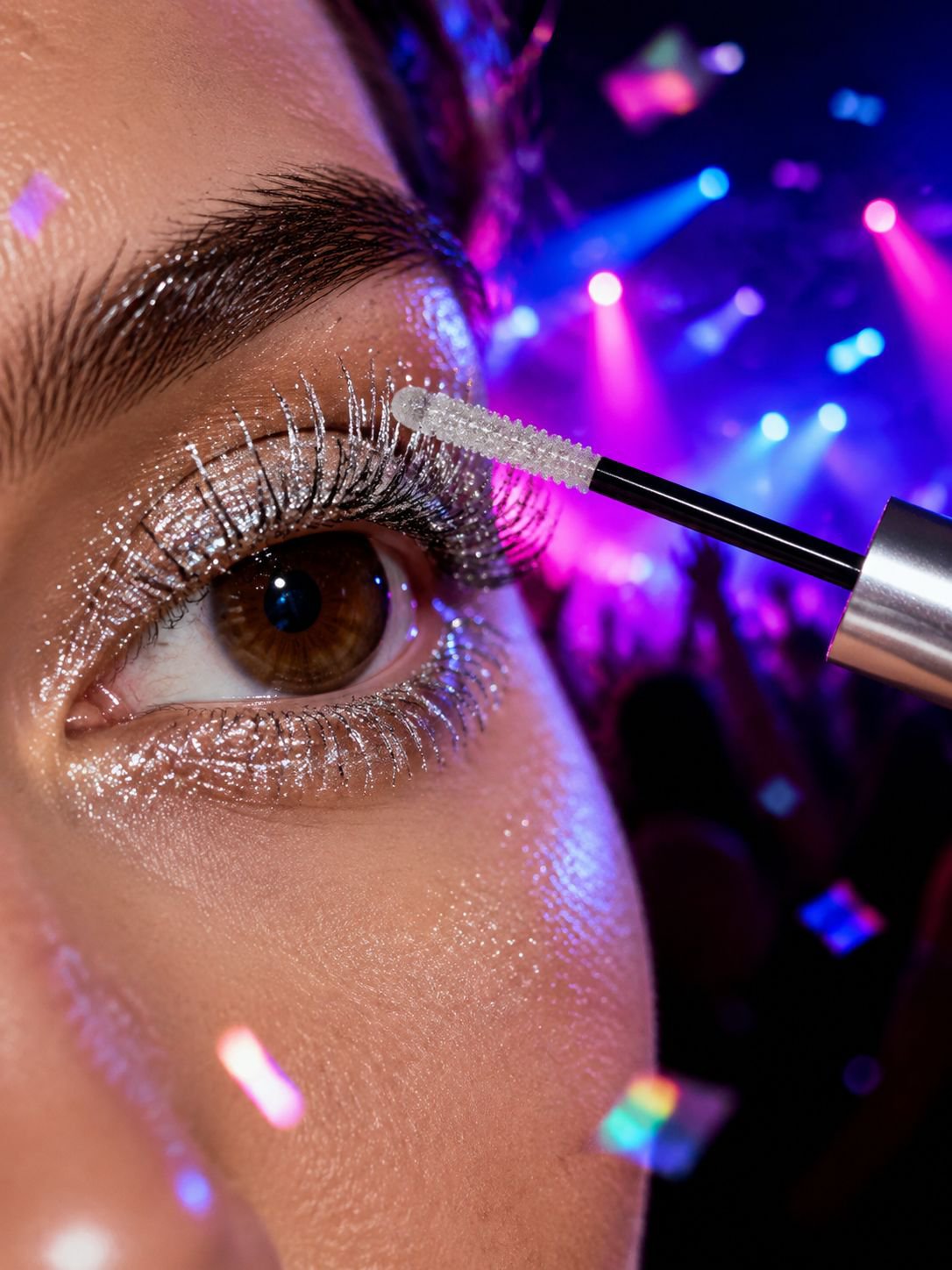 Close-up of lashes with sparkling glitter mascara applied