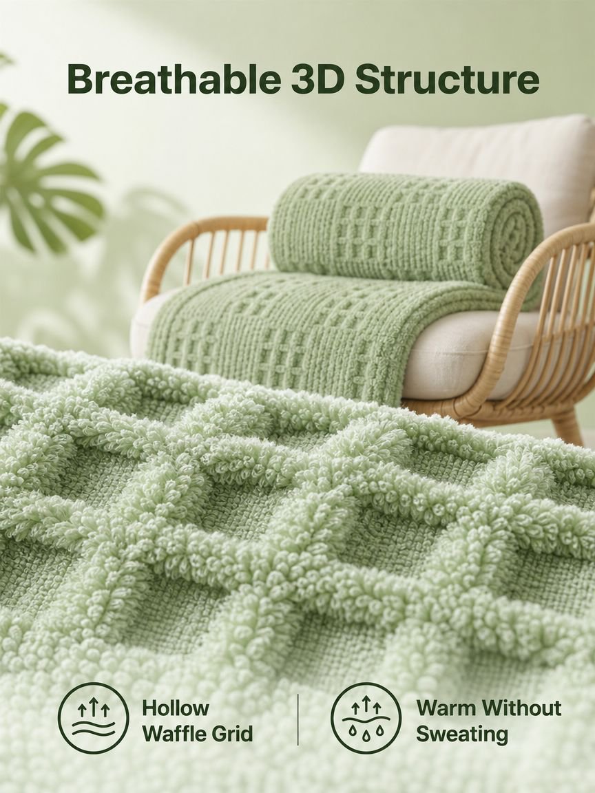 Thick and warm double-sided plush blanket with waffle pattern jacquard