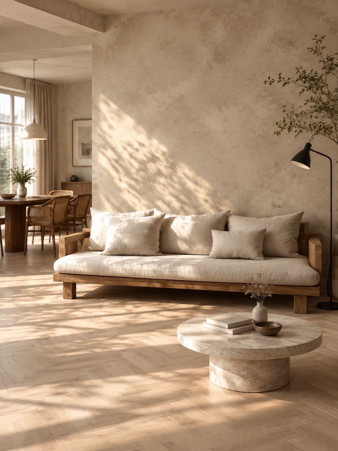 Minimalistisches Wabi-Sabi-Dreisitzer-Sofa aus Massivholz im Wohnzimmer
