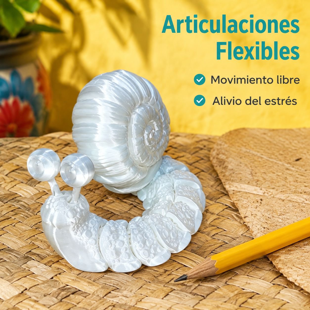Figura de caracol articulado impresa en 3D para escritorio