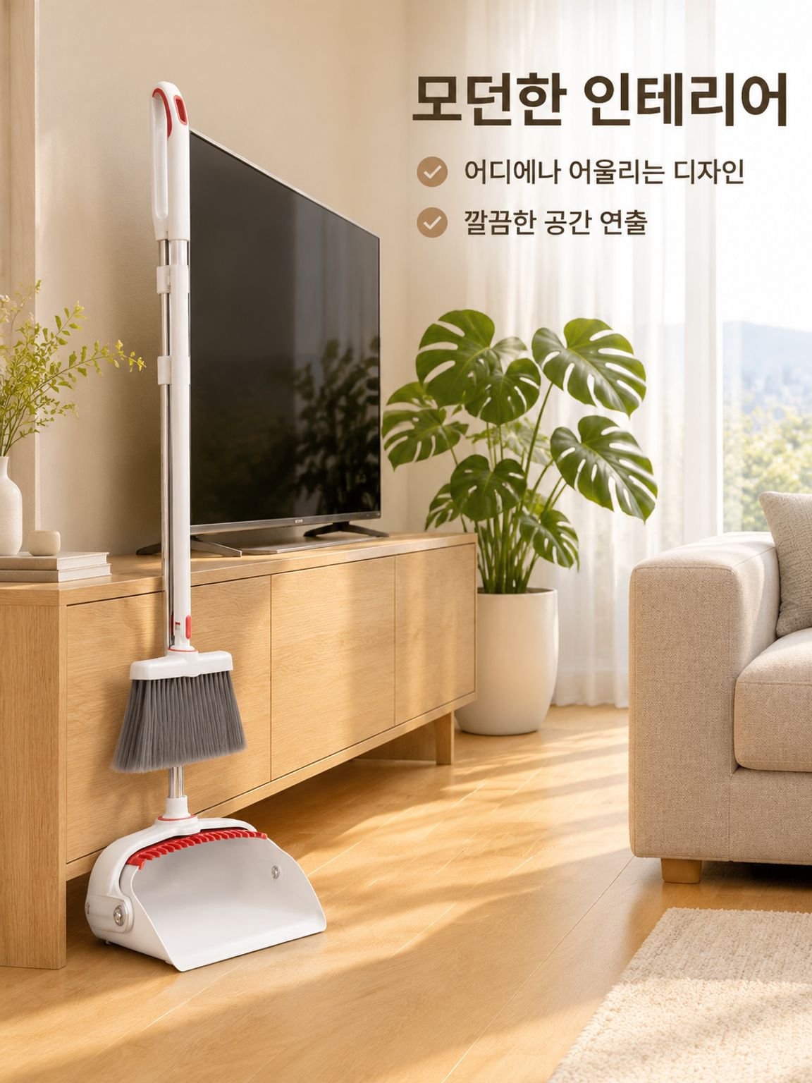 주방 바닥 청소를 돕는 빗자루와 쓰레받기