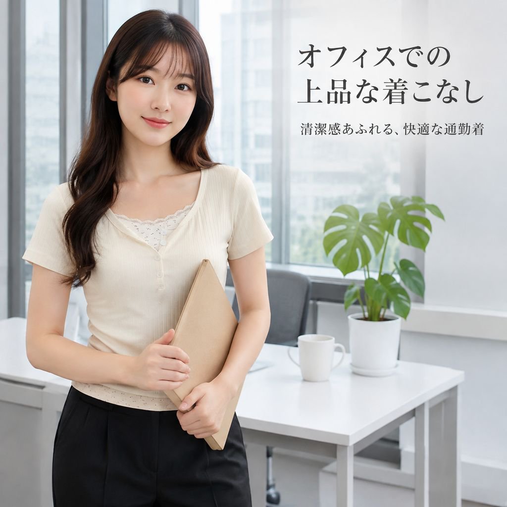 レース付きデザイン 重ね着風スリム半袖トップス