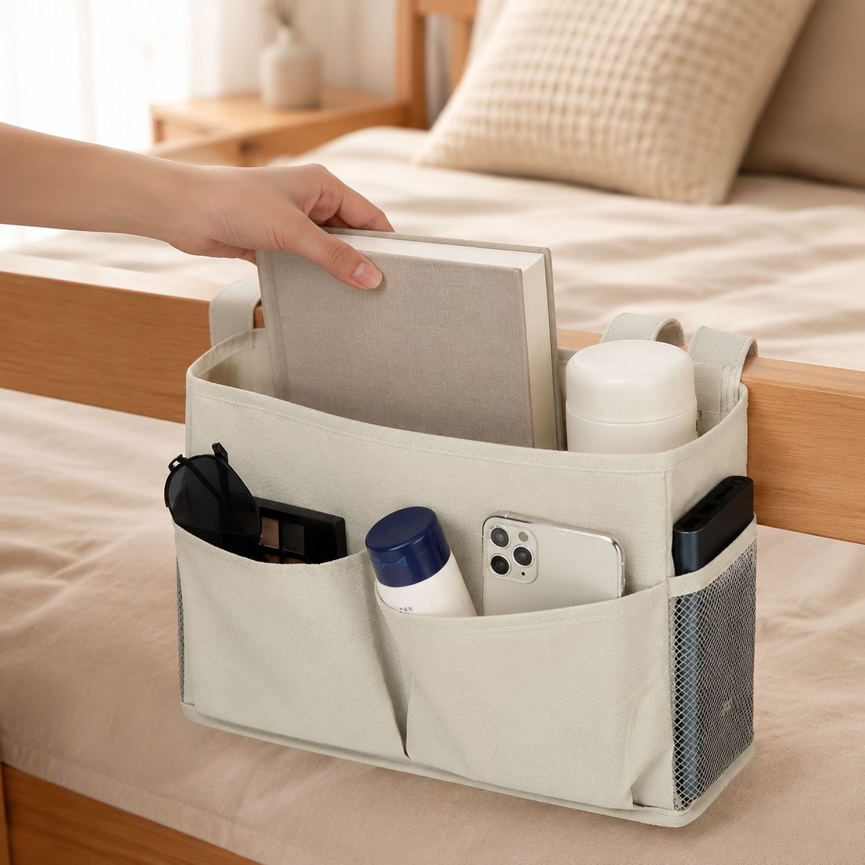 Multi-pocket storage organizer on sofa chair