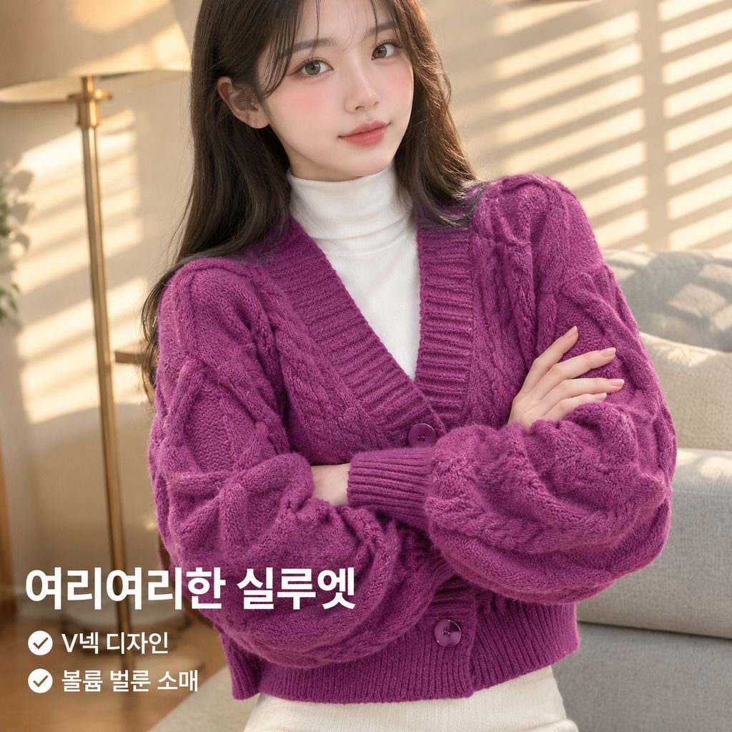 가을 여성 V넥 꽈배기 니트 가디건 크롭 숏 스웨터