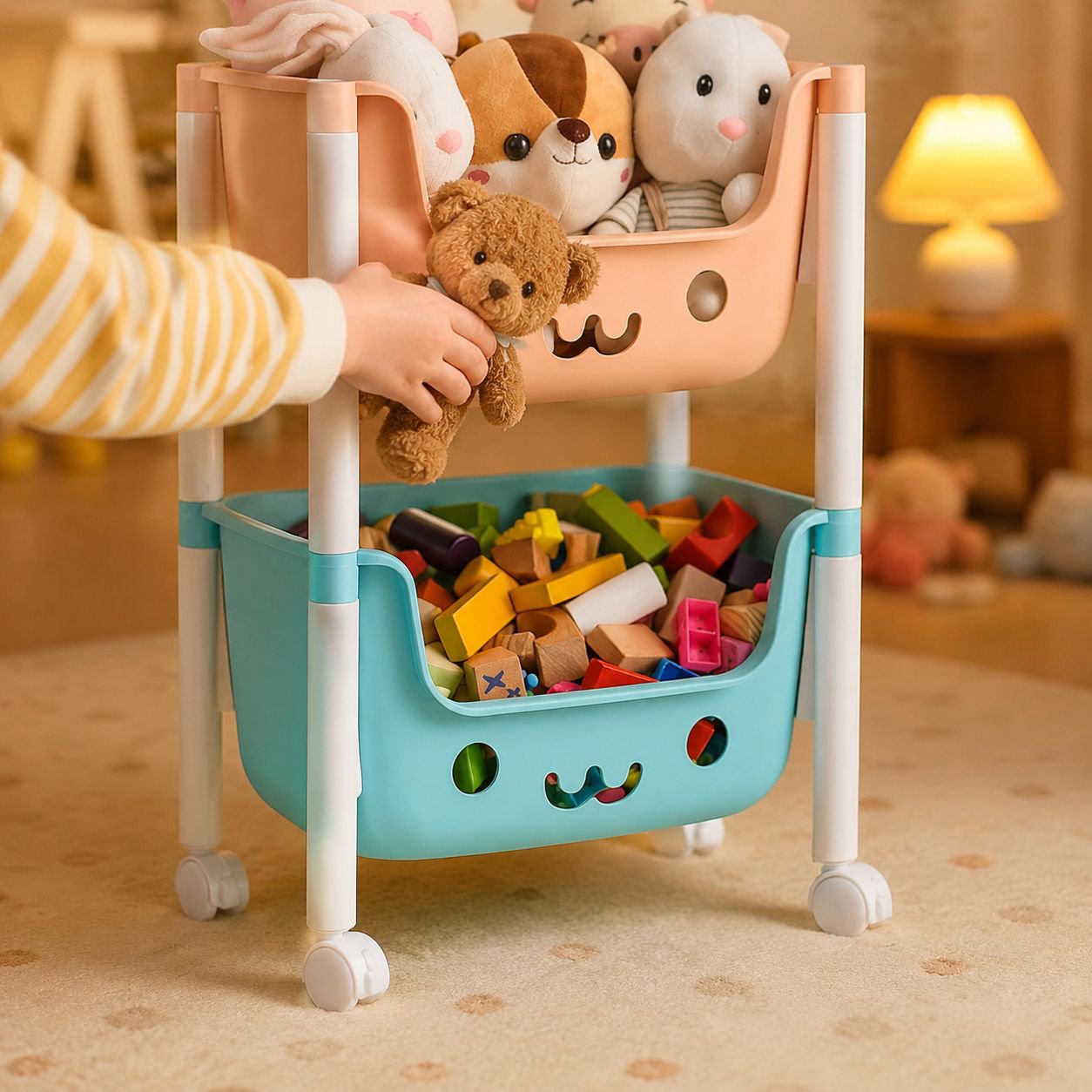 Mobile toy organizer trolley beside a child's bed