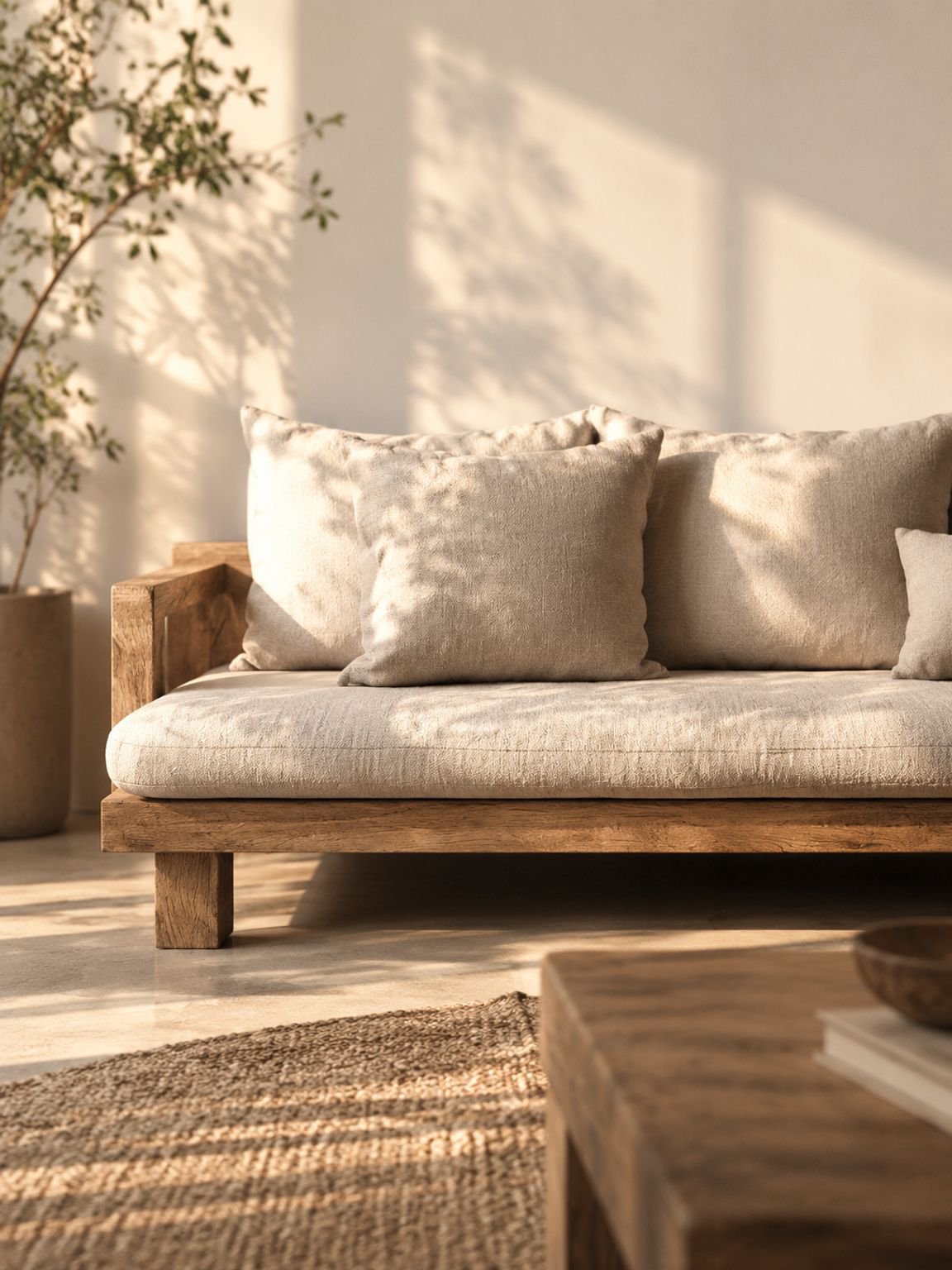 Sofá de madera maciza con cojines suaves