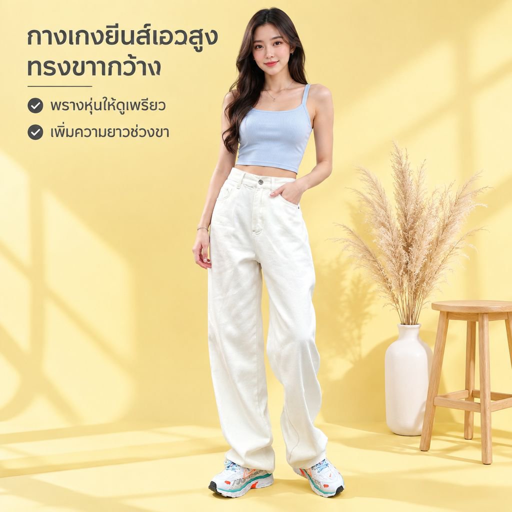 กางเกงยีนส์ขากว้างเอวสูงสำหรับผู้หญิง ใส่ได้ทั้งฤดูใบไม้ผลิและฤดูใบไม้ร่วง