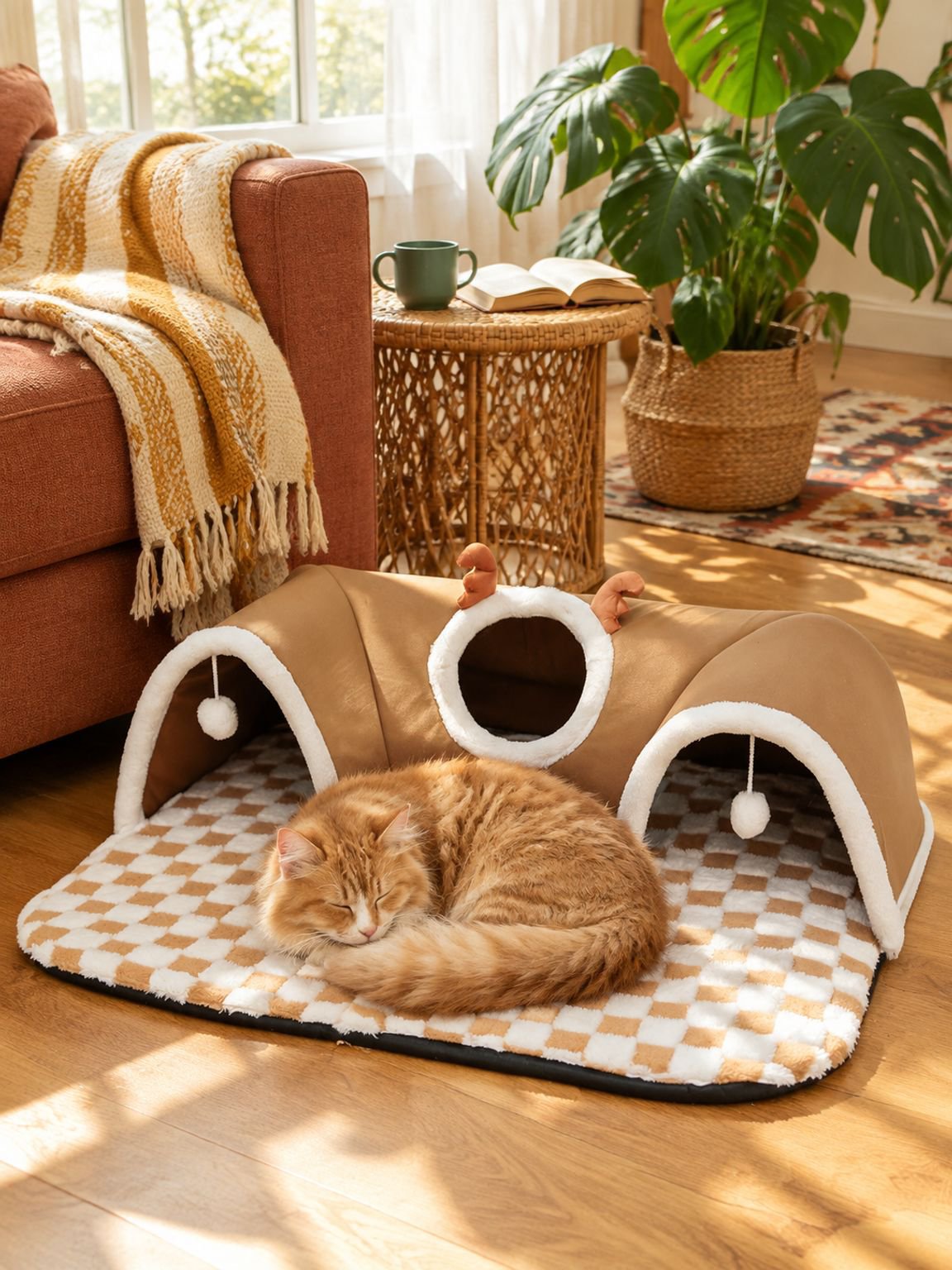 Cueva para mascotas con túnel y cama integrada para gatos