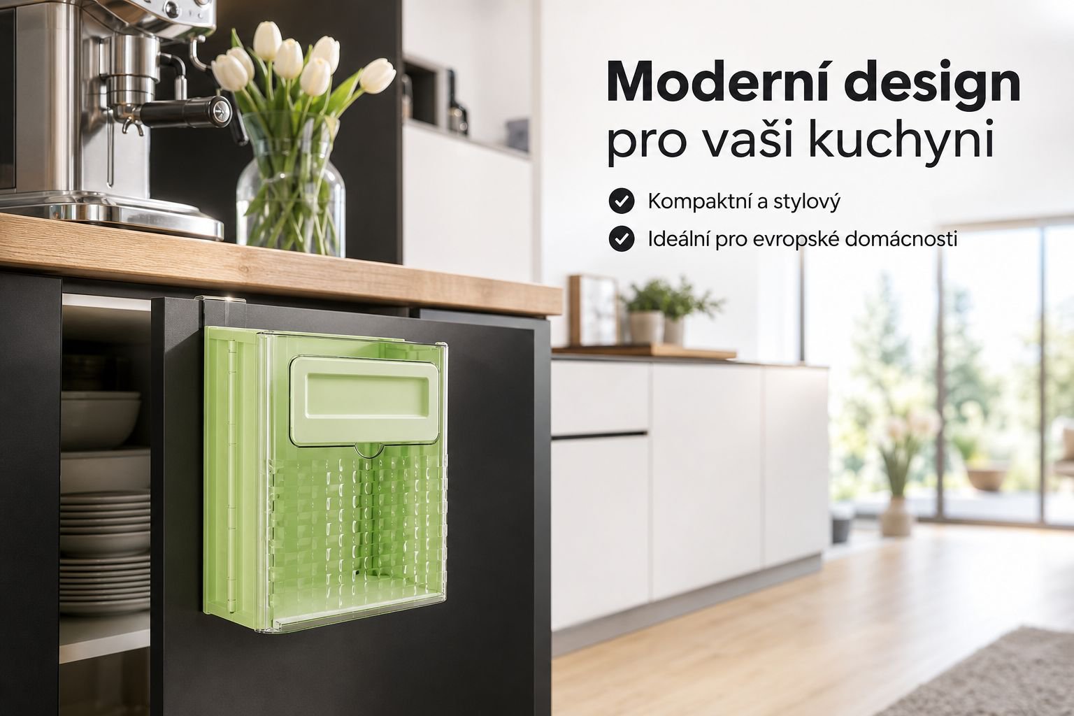 Stylový skládací odpadkový koš v moderní kuchyni