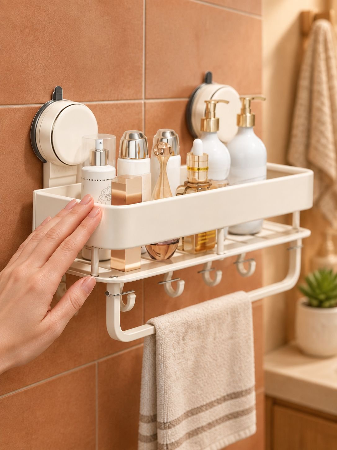 Detalle del estante de baño sin taladros estilo crema