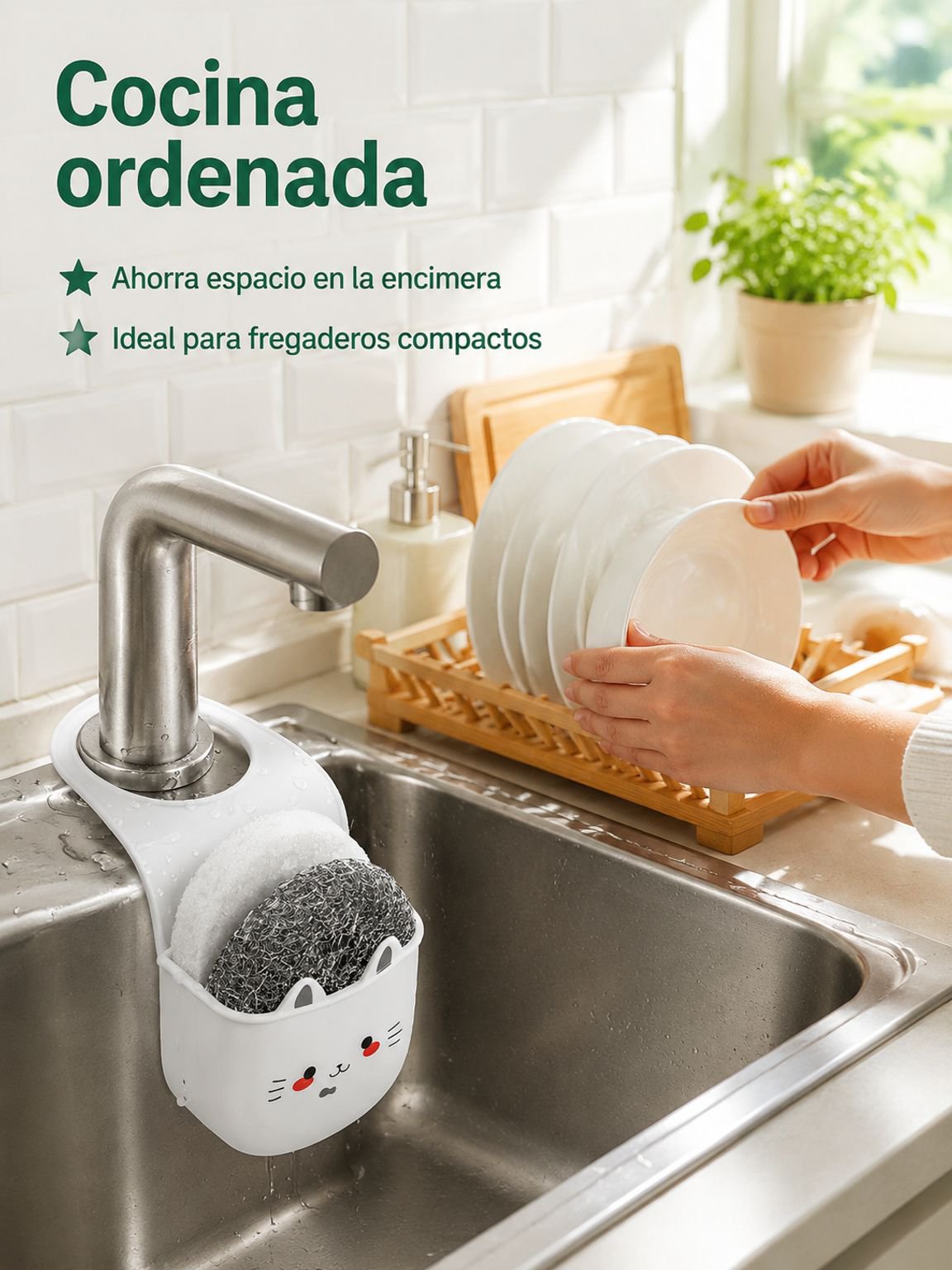 Organizador doble de cocina en uso junto al fregadero