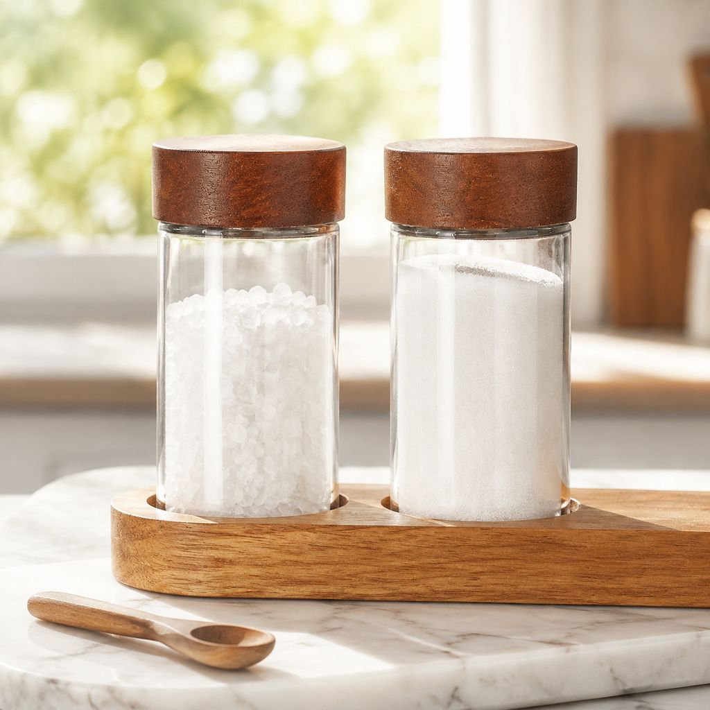 Japanese Seasoning Bottle Glass Jar Acacia Wood Lid 3oz Set of 4