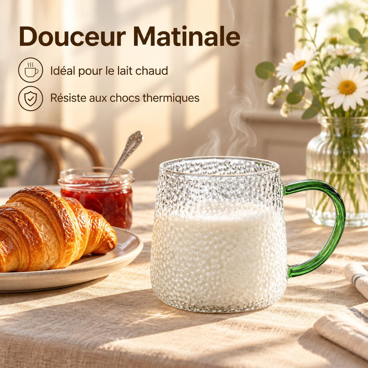Tasse en Verre Borosilicate Martelé avec Anse Grande Capacité